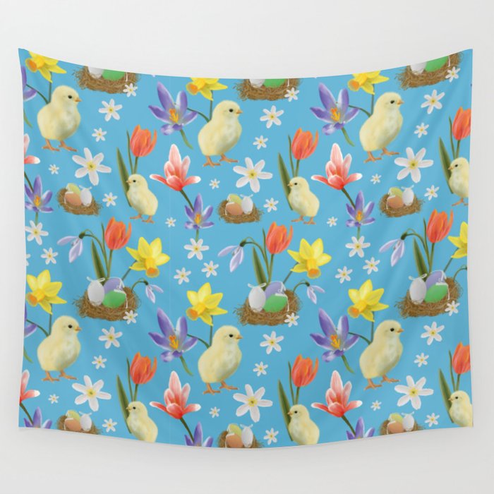 Colorful pattern with easter chicks, easter nests, tulips, daffodils, crocuses, wood anemones Wall Tapestry