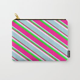 [ Thumbnail: Lime, Deep Pink, White & Light Blue Colored Pattern of Stripes Carry-All Pouch ]