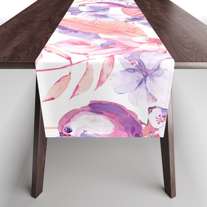 Cute abstract tropical watercolor hand painted illustration pattern with flamingo palm leaves Table Runner