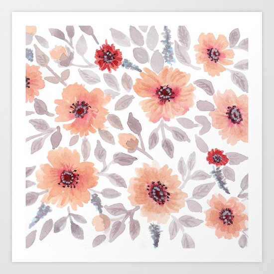 Watercolor . Salmon flowers . Art Print