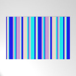 [ Thumbnail: Aqua, Beige, Plum & Blue Colored Lined Pattern Welcome Mat ]