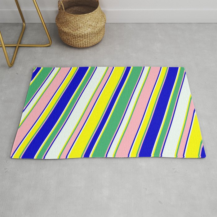 Eyecatching Mint Cream, Yellow, Sea Green, Light Pink & Blue Colored Lines/Stripes Pattern Rug