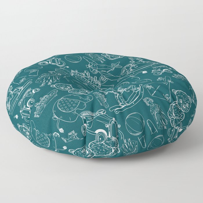 Teal Blue and White Toys Outline Pattern Floor Pillow