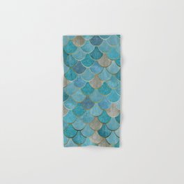 Moroccan Fish Scale Mermaid Pattern, Teal Blue and Gold Hand & Bath Towel