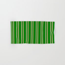 [ Thumbnail: Green, Coral & Lavender Colored Stripes/Lines Pattern Hand & Bath Towel ]