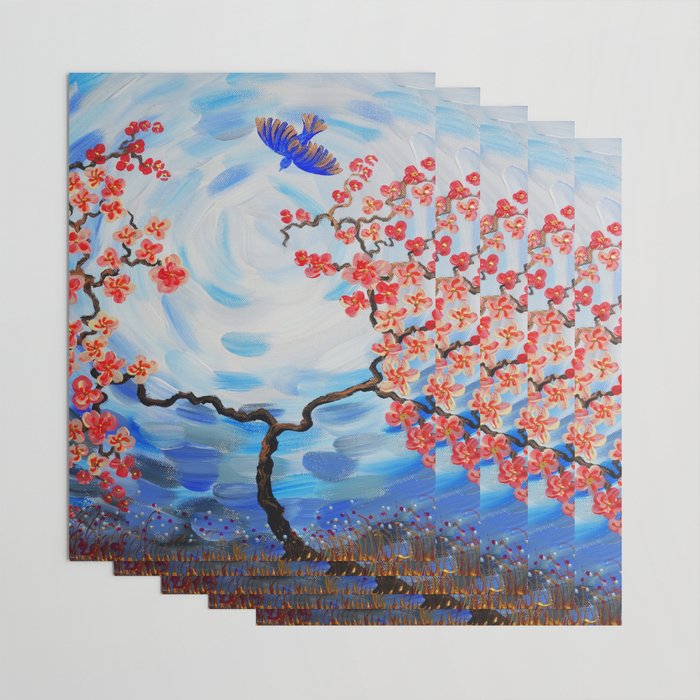 Blue Sky Red Cherry Blossom Tree Bird Painting By Ksavera Wrapping