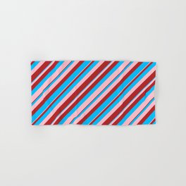 [ Thumbnail: Deep Sky Blue, Pink, and Red Colored Lined/Striped Pattern Hand & Bath Towel ]