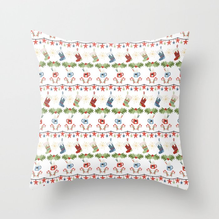 Folksy Holiday Stripes of Christmas Stockings Candy Canes Star Lights Snowman Throw Pillow