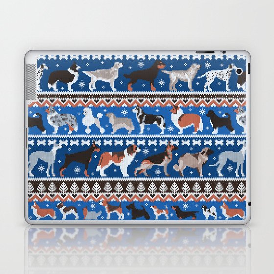 Fluffy and bright fair isle knitting doggie friends // classic and electric blue background brown orange white and grey dog breeds  Laptop & iPad Skin