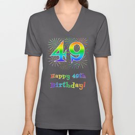 [ Thumbnail: 49th Birthday - Fun Rainbow Spectrum Gradient Pattern Text, Bursting Fireworks Inspired Background V Neck T Shirt V-Neck T-Shirt ]