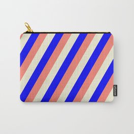 [ Thumbnail: Blue, Salmon & Beige Colored Stripes/Lines Pattern Carry-All Pouch ]