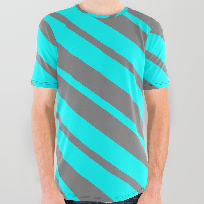 Cyan & Gray Colored Lines/Stripes Pattern All Over Graphic Tee