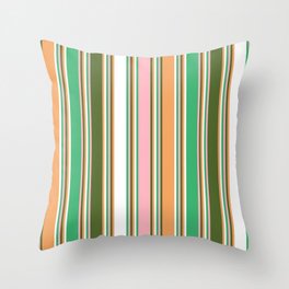 [ Thumbnail: Colorful Sea Green, Light Pink, Dark Olive Green, Brown, and White Colored Lines Pattern Throw Pillow ]