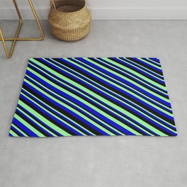 [ Thumbnail: Green, Blue & Black Colored Striped/Lined Pattern Rug ]