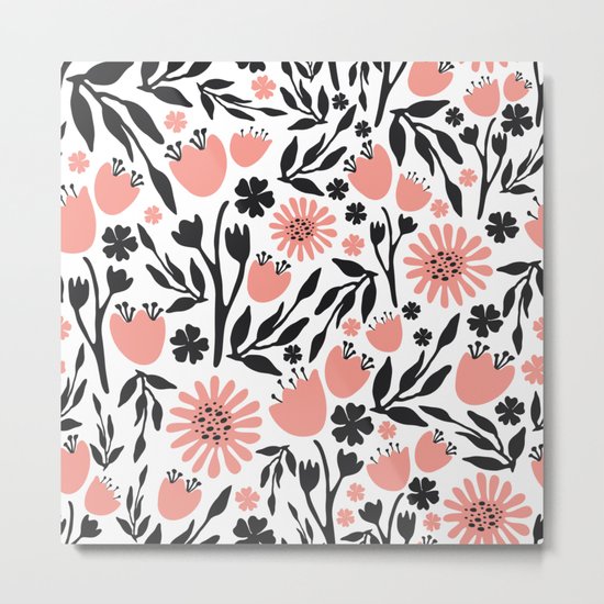 Floral Pattern Dark Gray and Light Coral Metal Print