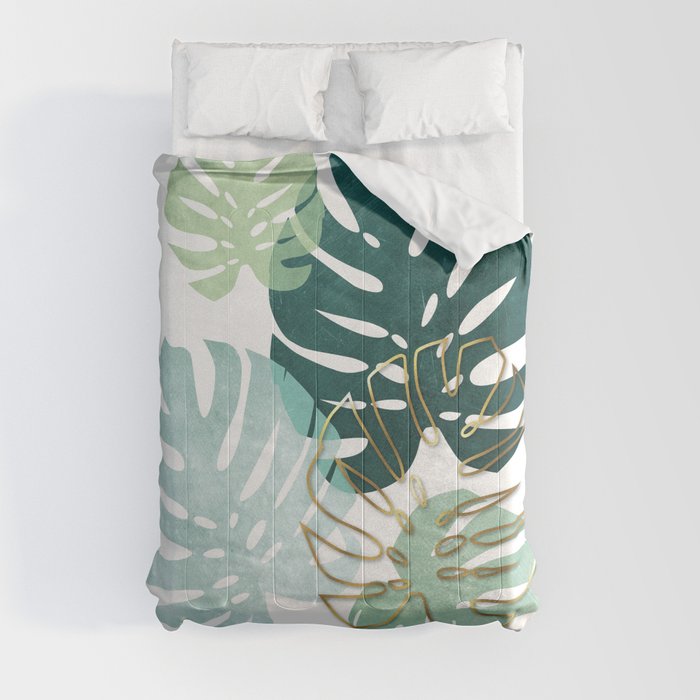 Tropical minimal / green, turquoise and gold monstera Comforter