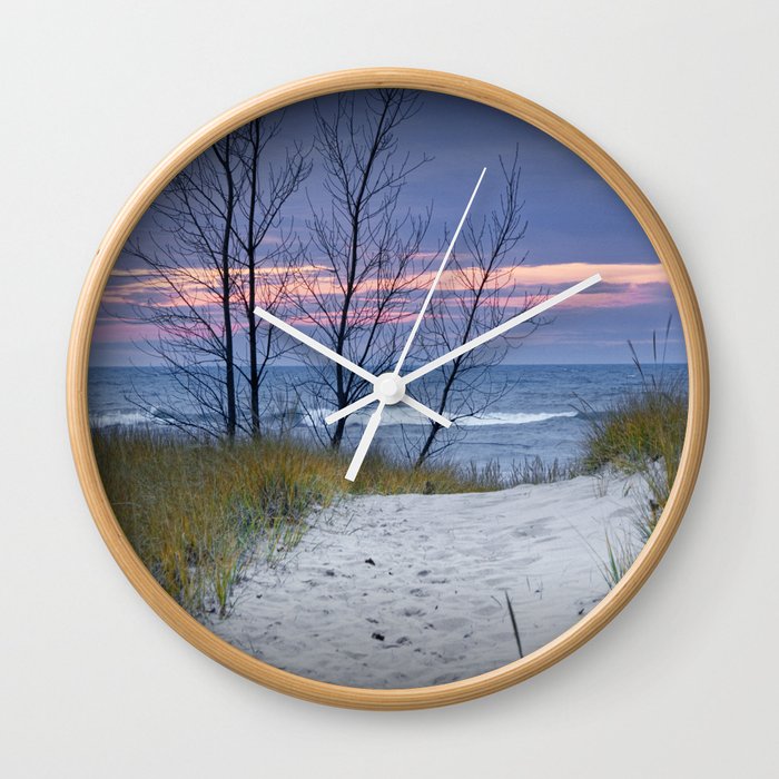 Sunset Photograph of Trees and Dune with Beach Grass at Holland Michigan Wall Clock