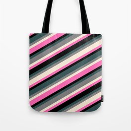 [ Thumbnail: Eye-catching Dark Slate Gray, Grey, Beige, Hot Pink, and Black Colored Lined/Striped Pattern Tote Bag ]