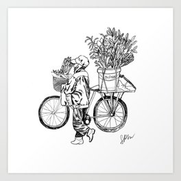 Bicycle Flower Seller in Hanoi in Pencil Art Print