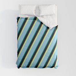 [ Thumbnail: Eye-catching Green, Light Cyan, Sky Blue, Teal & Black Colored Stripes/Lines Pattern Comforter ]