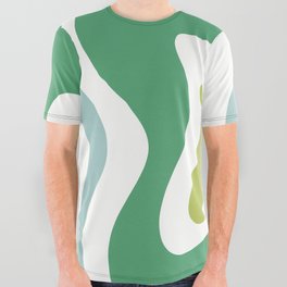 Retro Liquid Swirl Abstract Pattern Square in Spring Green, Ice Blue, and White All Over Graphic Tee