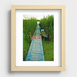 Boat dock through the bulrush made of recycled colorful old doors color photograph / photograph portrait Recessed Framed Print