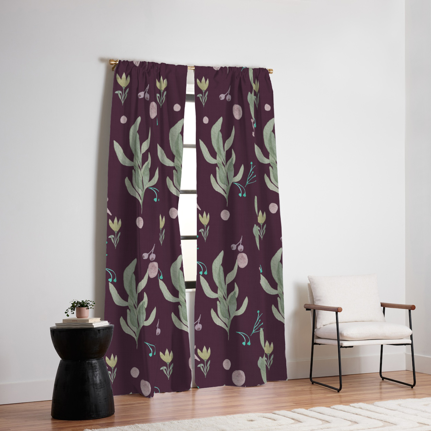 Modern Burgundy Pink Pastel Green Watercolor Floral Blackout Curtain By Pink Water Society6