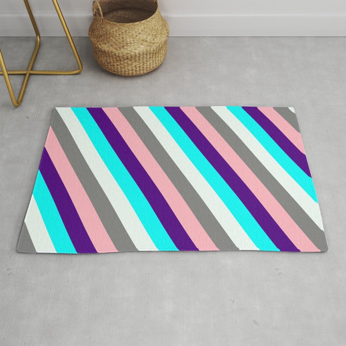 Colorful Indigo, Cyan, Mint Cream, Grey, and Light Pink Colored Lined/Striped Pattern Rug