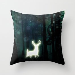 Dark Green Forest with Glowing Reindeer and Shimmering Lights Throw Pillow
