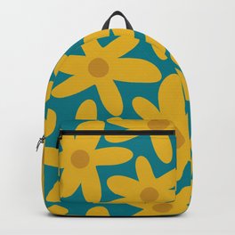 Daisy Time Retro Floral Pattern in Moroccan Teal Blue, Mustard, and Ochre Backpack