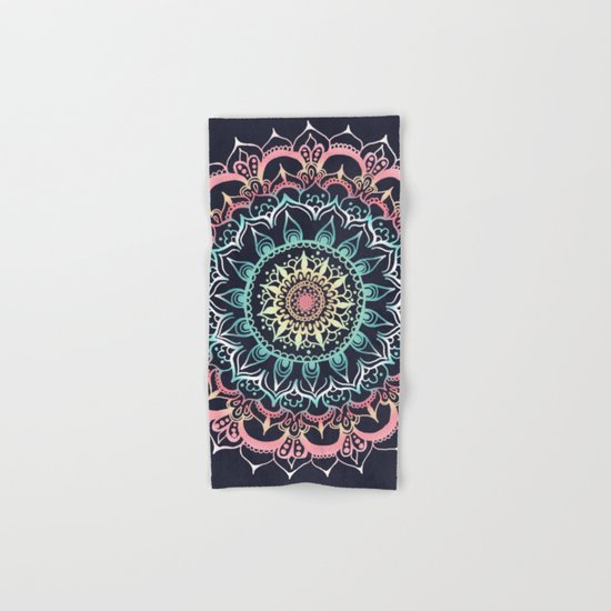 Pink, Cream & Soft Turquoise Glow Medallion on Navy Hand & Bath Towel
