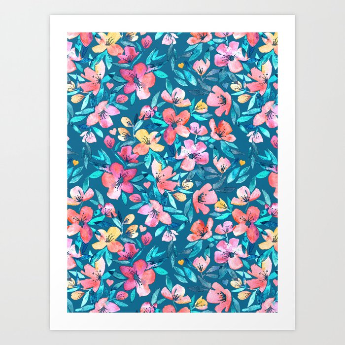 Teal Summer Floral in Watercolors Art Print