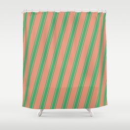 [ Thumbnail: Dark Salmon and Sea Green Colored Striped Pattern Shower Curtain ]