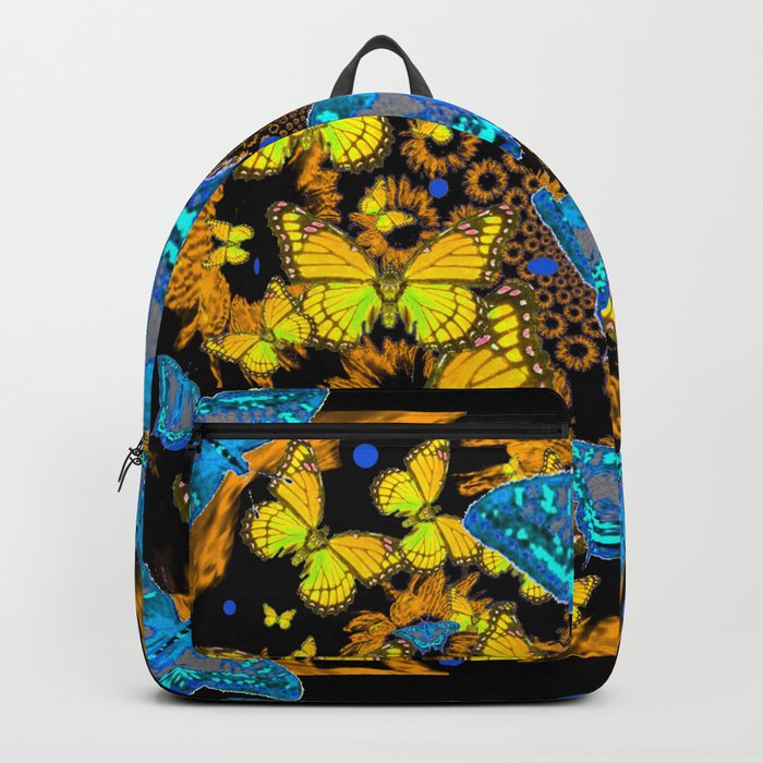 DECORATIVE BLUE & GOLD BUTTERFLIES ON EBONY BLACK Backpack