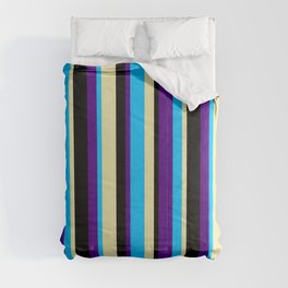 [ Thumbnail: Deep Sky Blue, Indigo, Black, and Pale Goldenrod Colored Pattern of Stripes Comforter ]