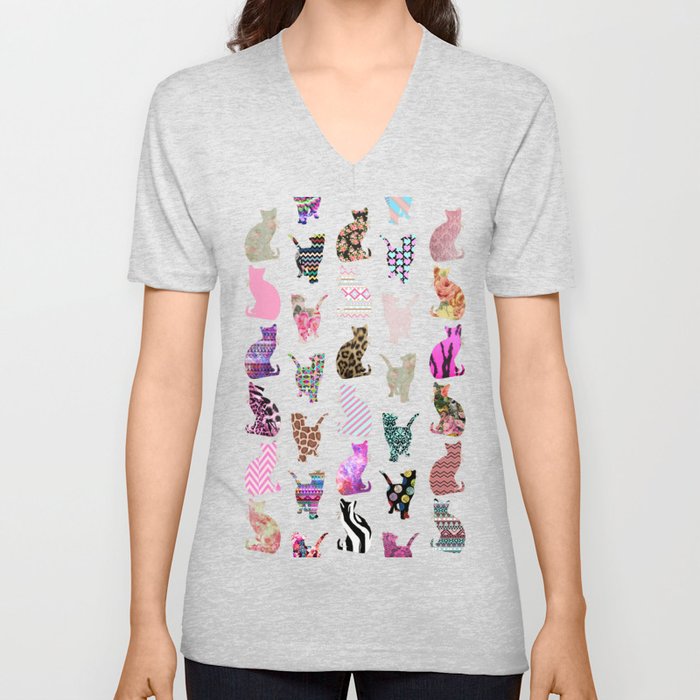 Girly Whimsical Cats aztec floral stripes pattern V Neck T Shirt
