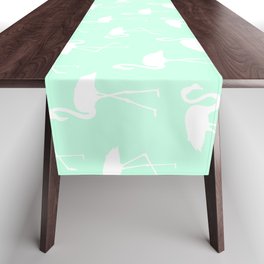 White flamingo silhouettes seamless pattern on mint green background Table Runner
