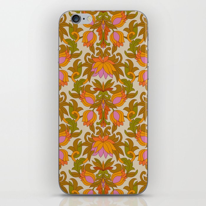 Orange, Pink Flowers and Green Leaves 1960s Retro Vintage Pattern iPhone Skin