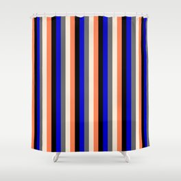 [ Thumbnail: Vibrant Dim Gray, Beige, Coral, Black & Blue Colored Stripes Pattern Shower Curtain ]
