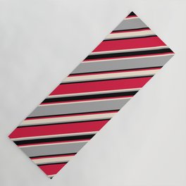 [ Thumbnail: Crimson, Beige, Dark Grey, and Black Colored Lined/Striped Pattern Yoga Mat ]