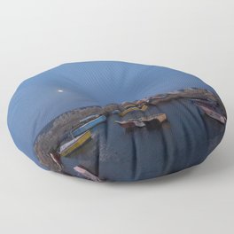 Sunrise at the sea shore - with small fishing boats Floor Pillow