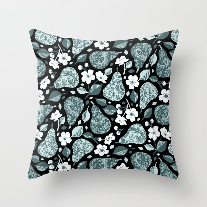 Pears and Blossoms in Pine and Mint Green Throw Pillow