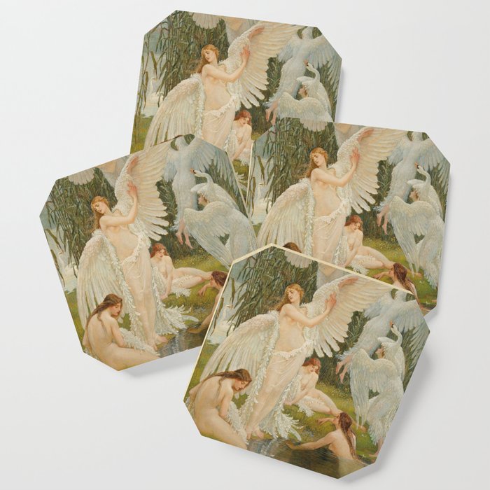 White Swans and the Maidens angelic garden landscape painting by Walter Crane  Coaster