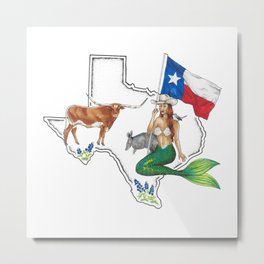 Texas Mermaid Metal Print | Armadillo, Texasflag, Drawing, Stateflag, Longhorn, Bluebonnet, Mermaid, Austin, Houston, Texaslonghorn 