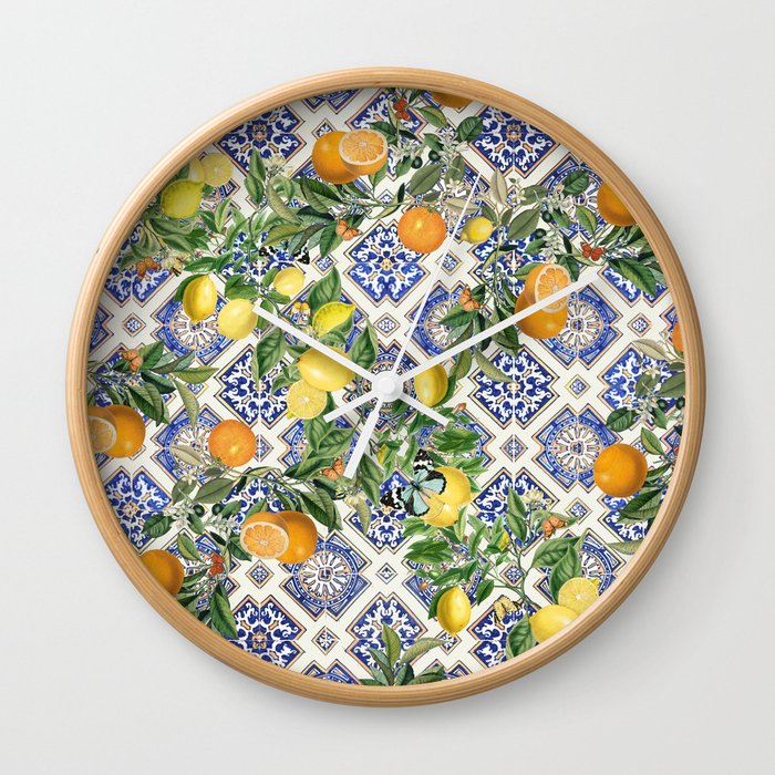 Sicilian Citrus, Mediterranean tiles & vintage lemons & orange fruit pattern Wall Clock