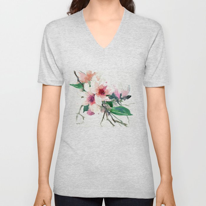 Magnolia Flowers, Pink Green floral design V Neck T Shirt