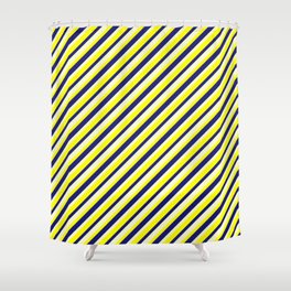 [ Thumbnail: Yellow, Midnight Blue, and Light Yellow Colored Lined/Striped Pattern Shower Curtain ]