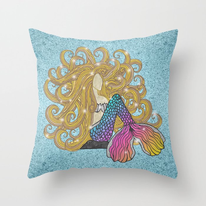 Blond Rainbow Mermaid Throw Pillow