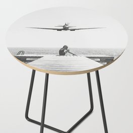 Steady As She Goes; aircraft coming in for an island landing black and white photography- photographs Side Table