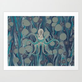 Ocean Vintage Octopus Surf Gold Summer Art Print